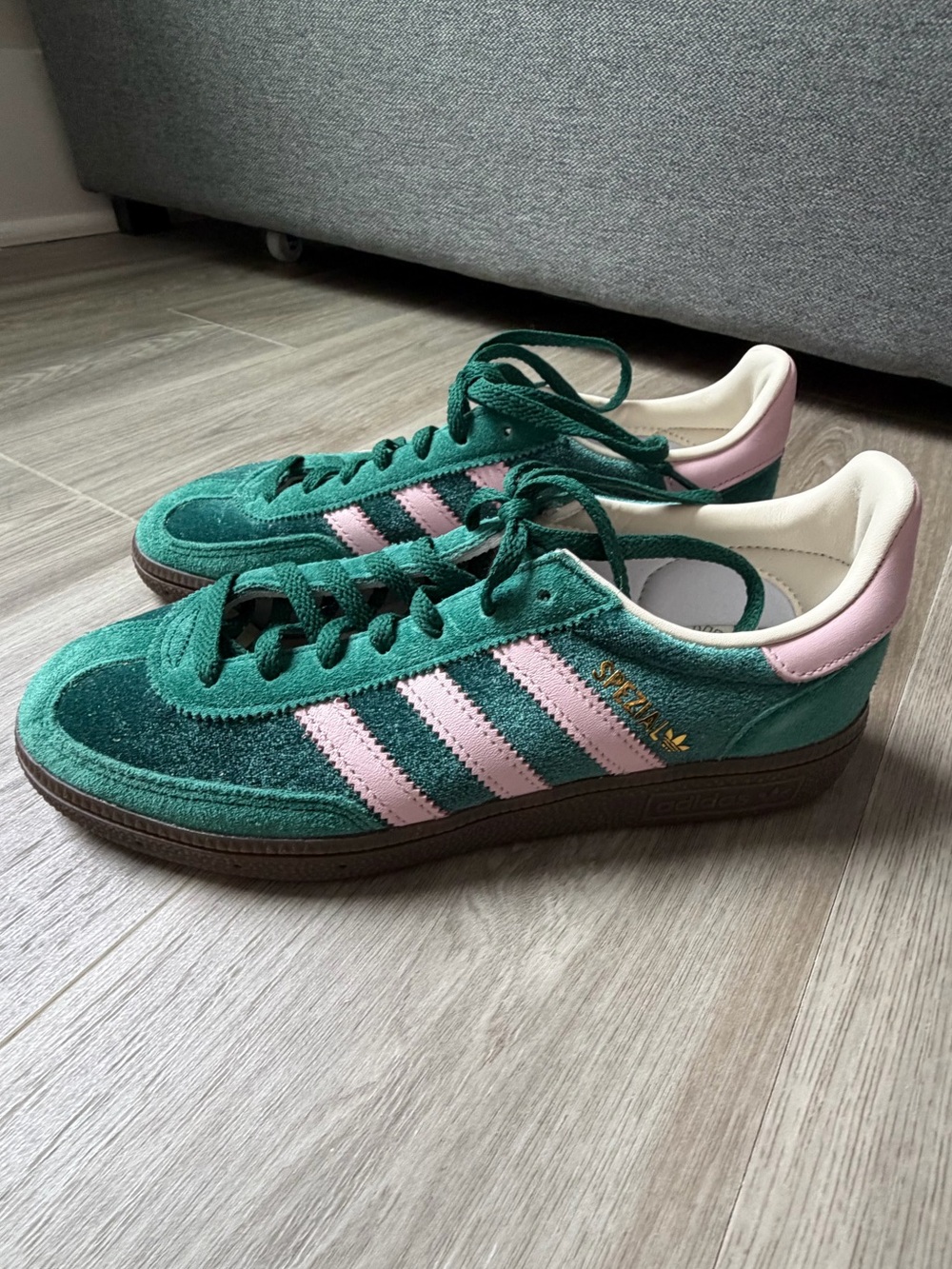 adidas Green Suede Sneakers with Pink Stripes